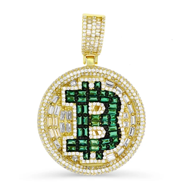 Luxe Layers 14KT Yellow Gold Plated Sterling Silver Cubic Zirconia 32MM Bitcoin Pendant. Chain Not Included