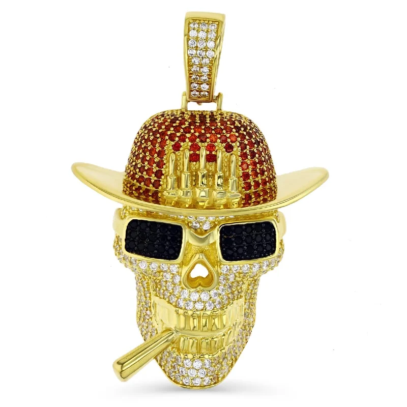 Luxe Layers 14KT Yellow Gold Plated Sterling Silver Cubic Zirconia 49X33MM Gangster Skull Pendant. Chain Not Included