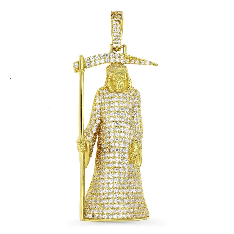 Luxe Layers 14KT Yellow Gold Plated Sterling Silver Cubic Zirconia 58X23MM Grim Reaper Pendant. Chain Not Included