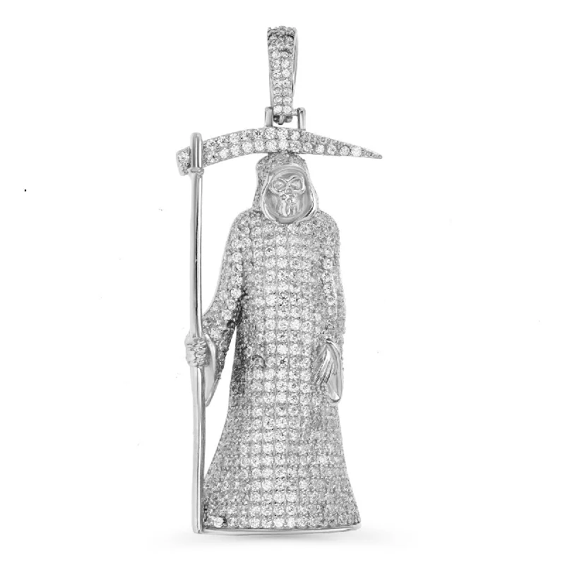 Luxe Layers Sterling Silver Cubic Zirconia 58X23MM Grim Reaper Pendant. Chain Not Included