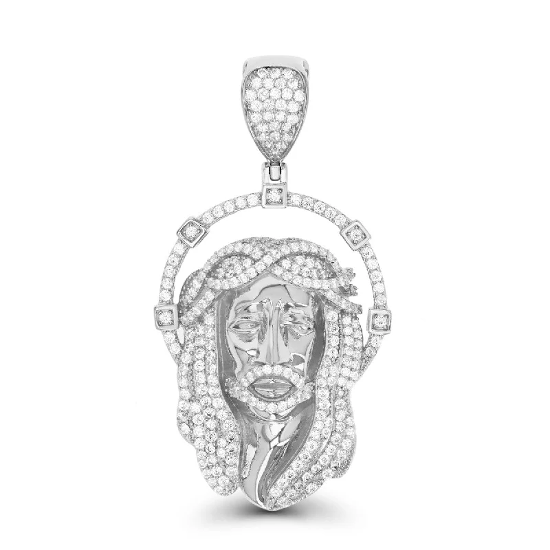 Luxe Layers Sterling Silver Cubic Zirconia 60X30MM Religious Christ Face Pendant. Chain Not Included