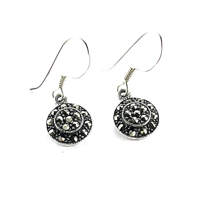 Double circle silver hook earring with marcasite