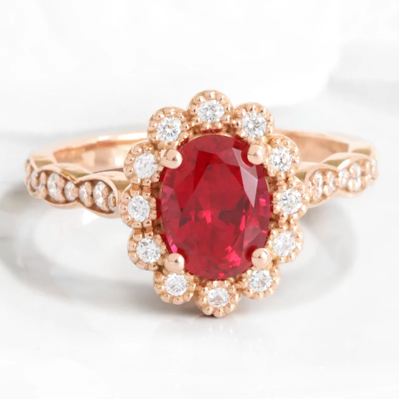 Oval Ruby Engagement Ring in Vintage Luna Halo Diamond Ring