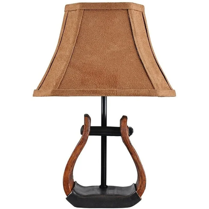 victorian style table lamps with ornate details for traditional homesvictorian style table lamps with ornate details for traditional homesHomeRoots 13" Brown and Black Horse Stirrup Accent Lamp With Faux Suede Brown Shade - 7 W x 6 D x 13 H